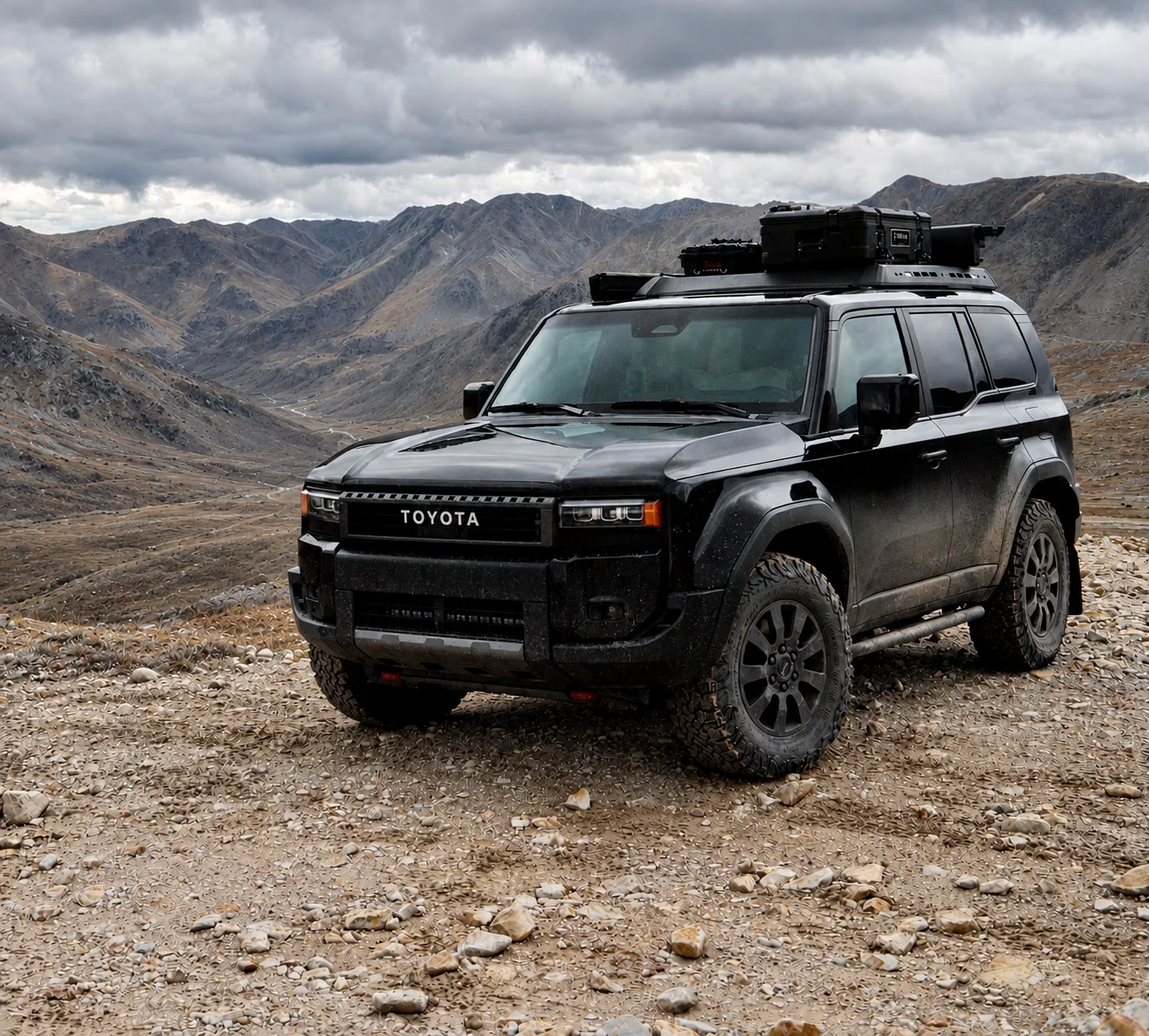 Black Toyota Overlander in Alpine Mountains.webp